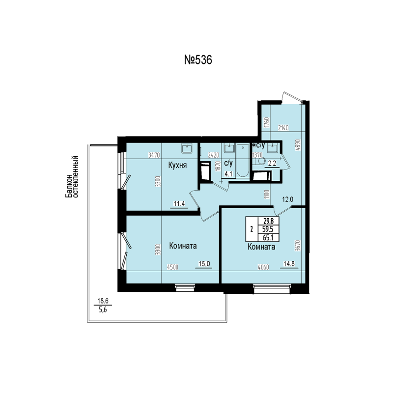 2-комнатная квартира, 65.1 м² в ЖК "ПРАГМА СИТИ" - планировка, фото №1