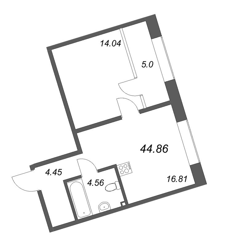 2-комнатная (Евро) квартира, 44.86 м² в ЖК "17/33 Петровский остров" - планировка, фото №1