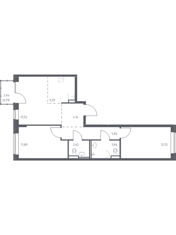 3-комнатная (Евро) квартира, 60.73 м² в ЖК "Живи! В Рыбацком" - планировка, фото №1