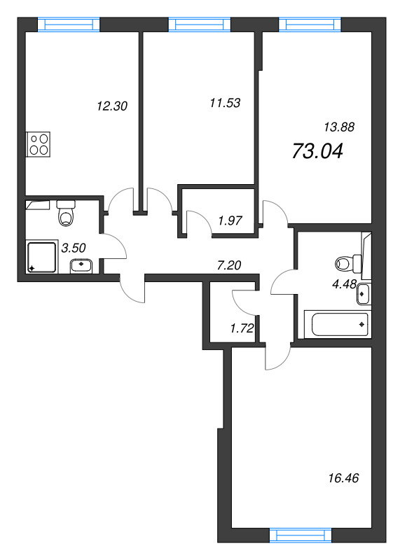3-комнатная квартира, 73.04 м² - планировка, фото №1