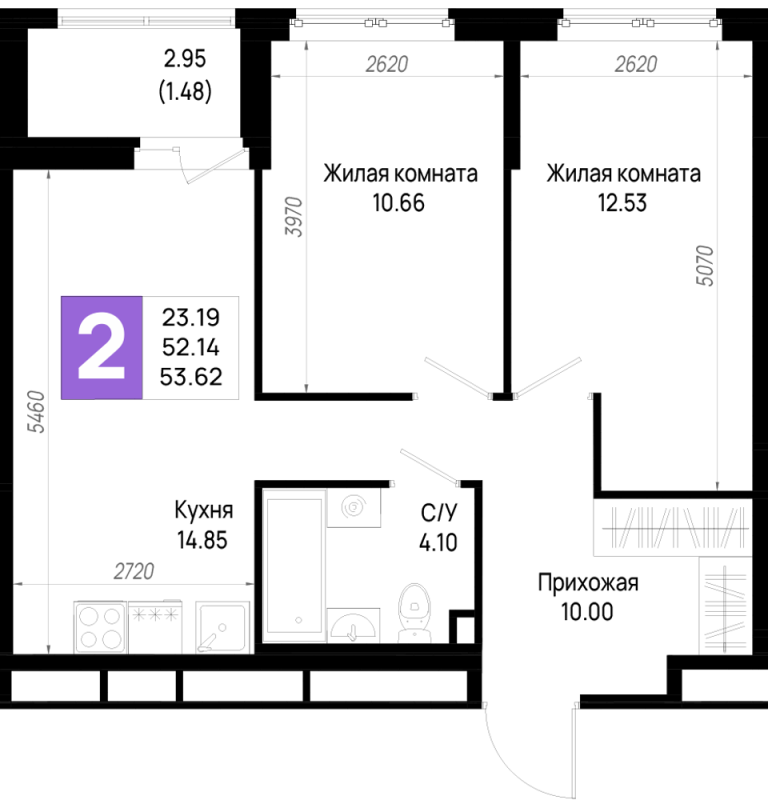 2-комнатная квартира, 53.62 м² в ЖК "Имена" - планировка, фото №1