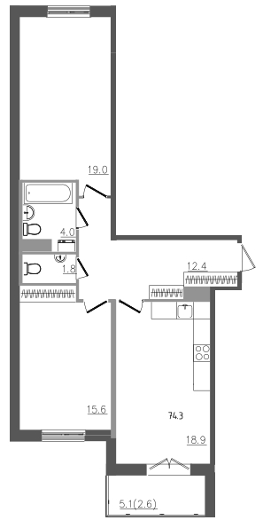 3-комнатная (Евро) квартира, 74.2 м² - планировка, фото №1