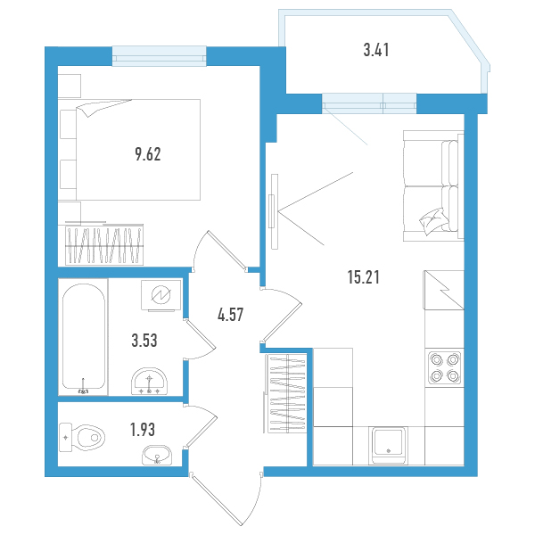 2-комнатная (Евро) квартира, 36.56 м² - планировка, фото №1