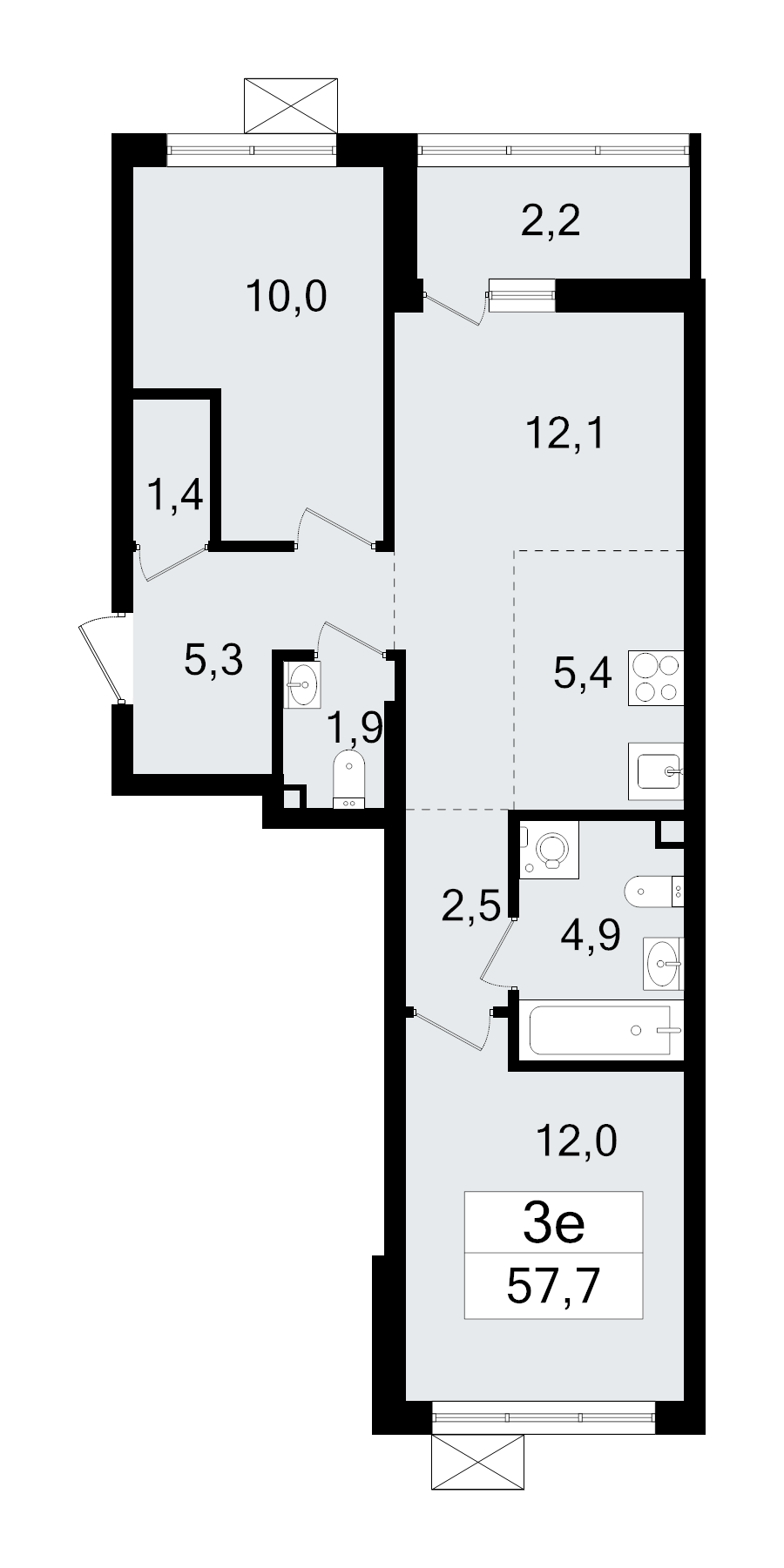 3-комнатная (Евро) квартира, 57.7 м² - планировка, фото №1