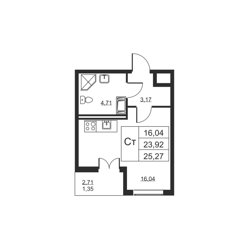 Квартира-студия, 25.27 м² в ЖК "Высота" - планировка, фото №1
