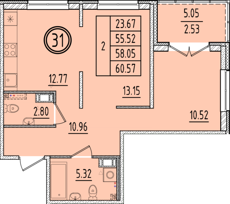 2-комнатная квартира, 55.52 м² в ЖК "Образцовый квартал 6.4" - планировка, фото №1