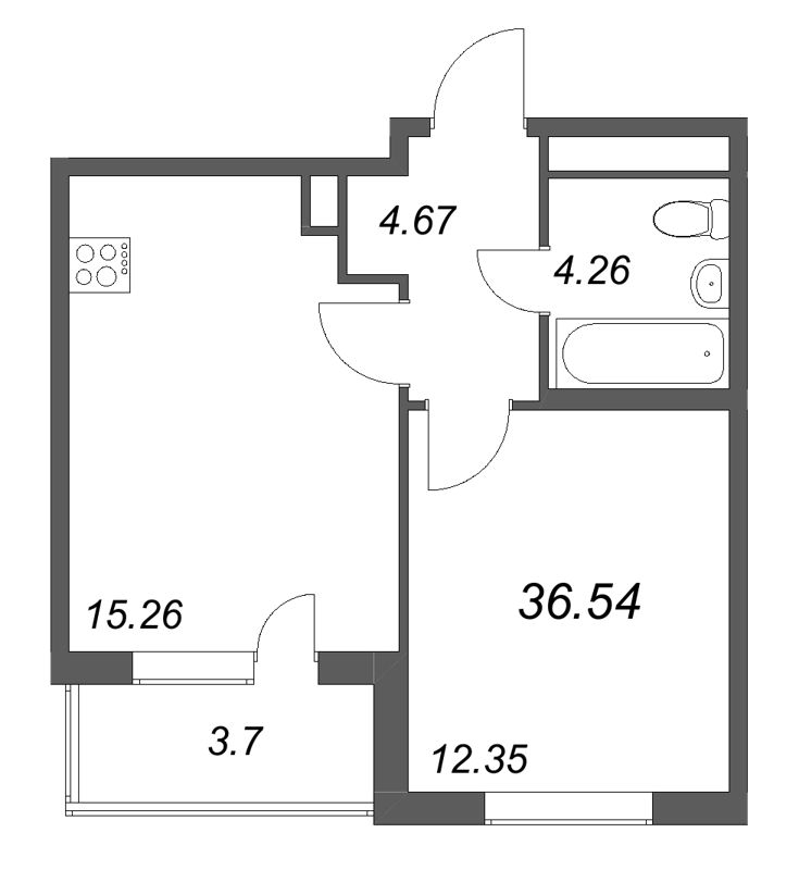 2-комнатная (Евро) квартира, 36.54 м² - планировка, фото №1