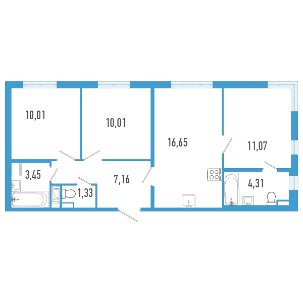 4-комнатная (Евро) квартира, 63.99 м² - планировка, фото №1