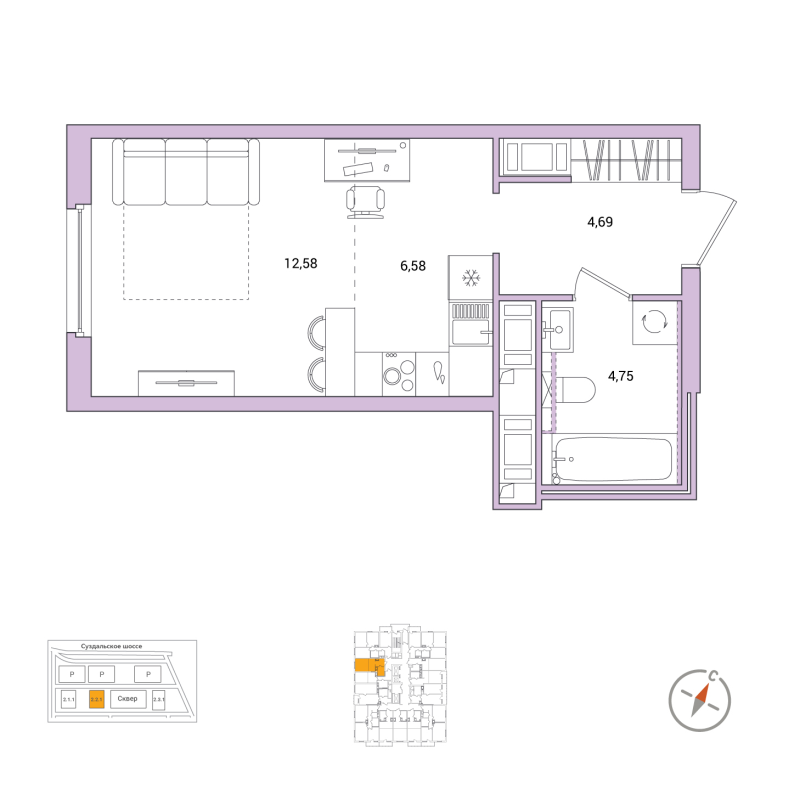 Квартира-студия, 28.6 м² в ЖК "OKLA" - планировка, фото №1