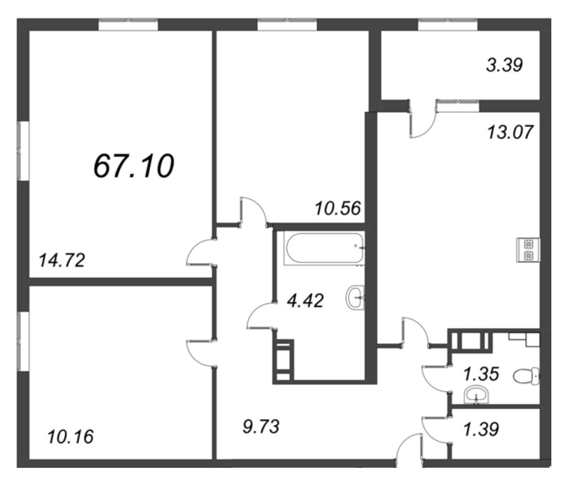 3-комнатная квартира, 67.1 м² в ЖК "БелАрт" - планировка, фото №1