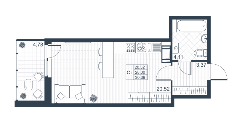 Квартира-студия, 30.76 м² в ЖК "Ново-Антропшино" - планировка, фото №1