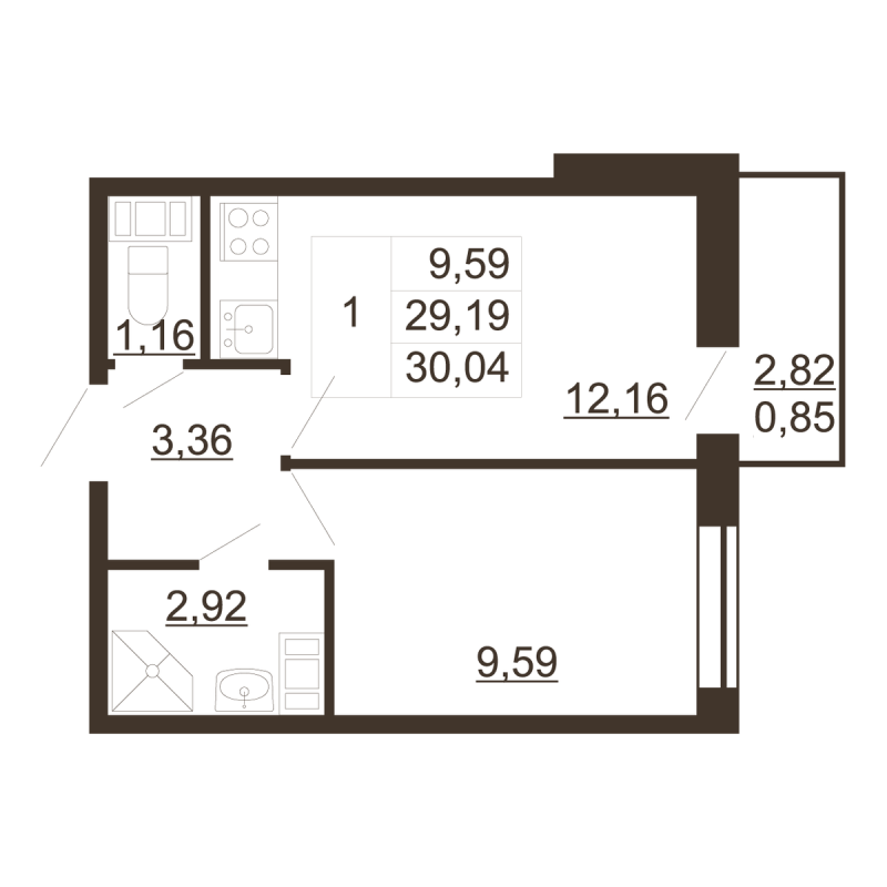 1-комнатная квартира, 30.04 м² - планировка, фото №1