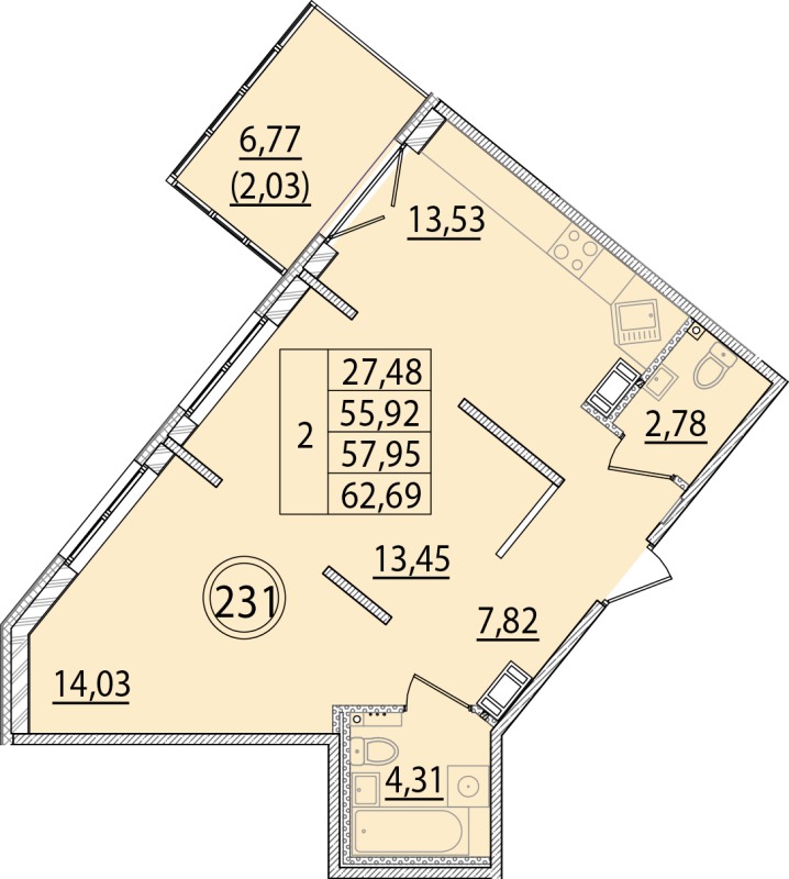 2-комнатная квартира, 55.92 м² - планировка, фото №1