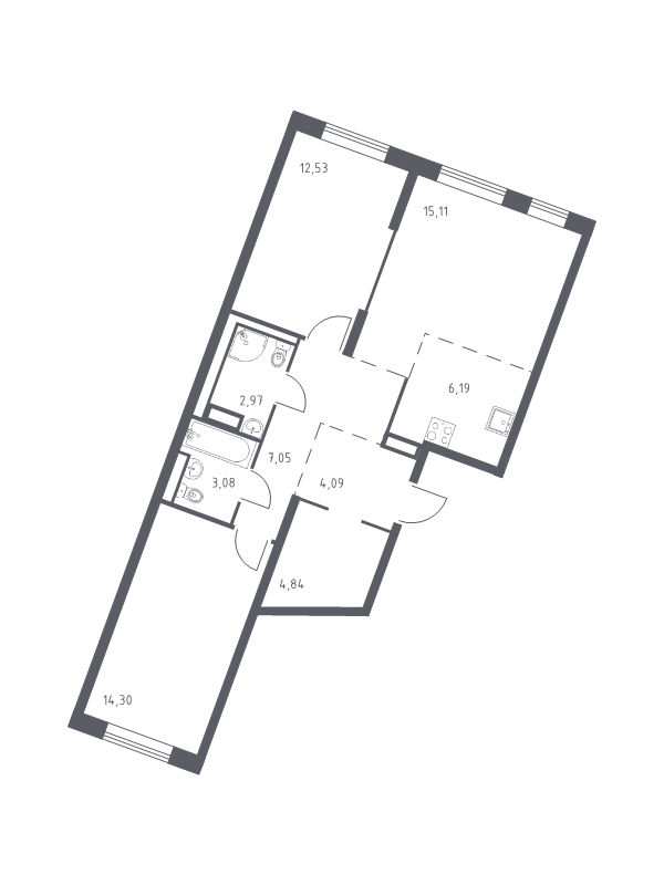 3-комнатная (Евро) квартира, 70.16 м² в ЖК "Квартал Лаголово" - планировка, фото №1