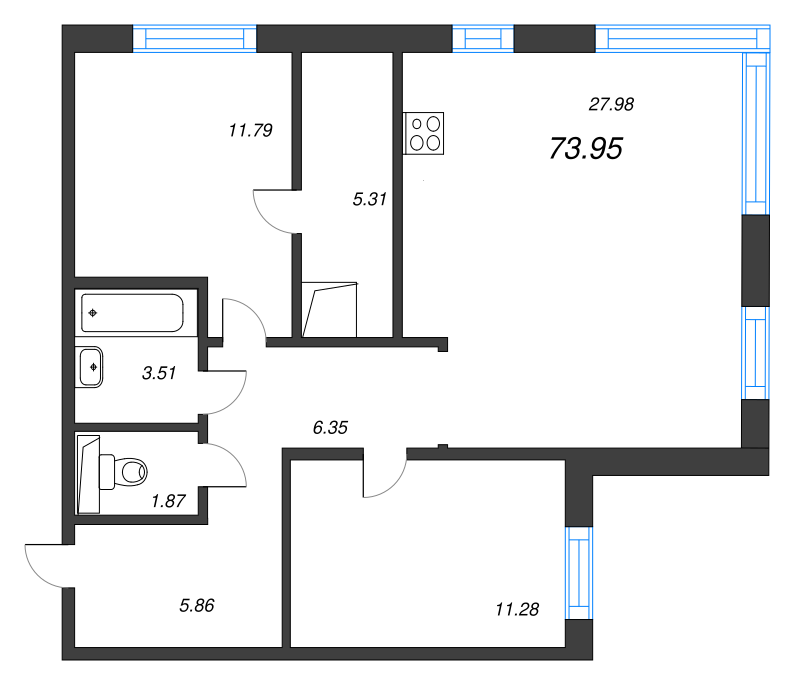 3-комнатная (Евро) квартира, 73.95 м² - планировка, фото №1