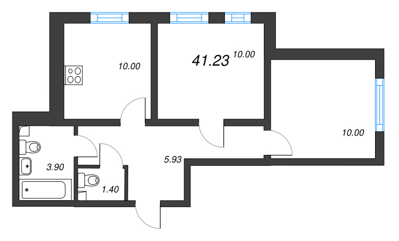 2-комнатная квартира, 41.23 м² в ЖК "Ручьи" - планировка, фото №1