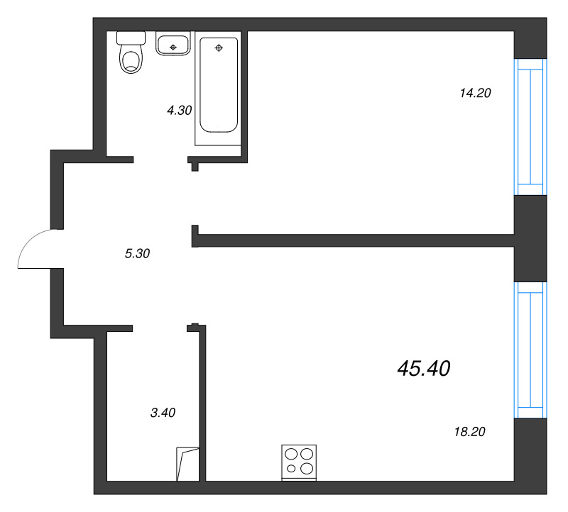 2-комнатная (Евро) квартира, 45.4 м² - планировка, фото №1