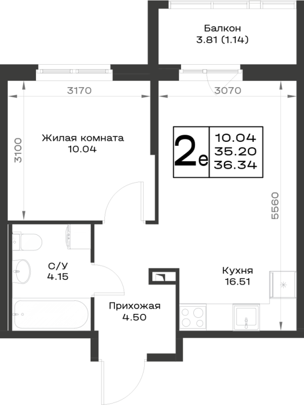 2-комнатная (Евро) квартира, 36.34 м² в ЖК "Имена" - планировка, фото №1