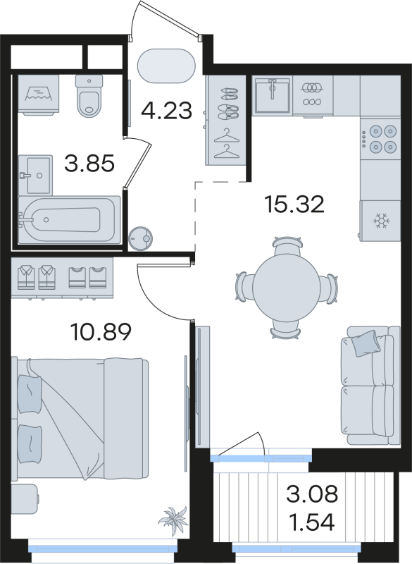 2-комнатная (Евро) квартира, 35.83 м² в ЖК "GloraX Парголово" - планировка, фото №1