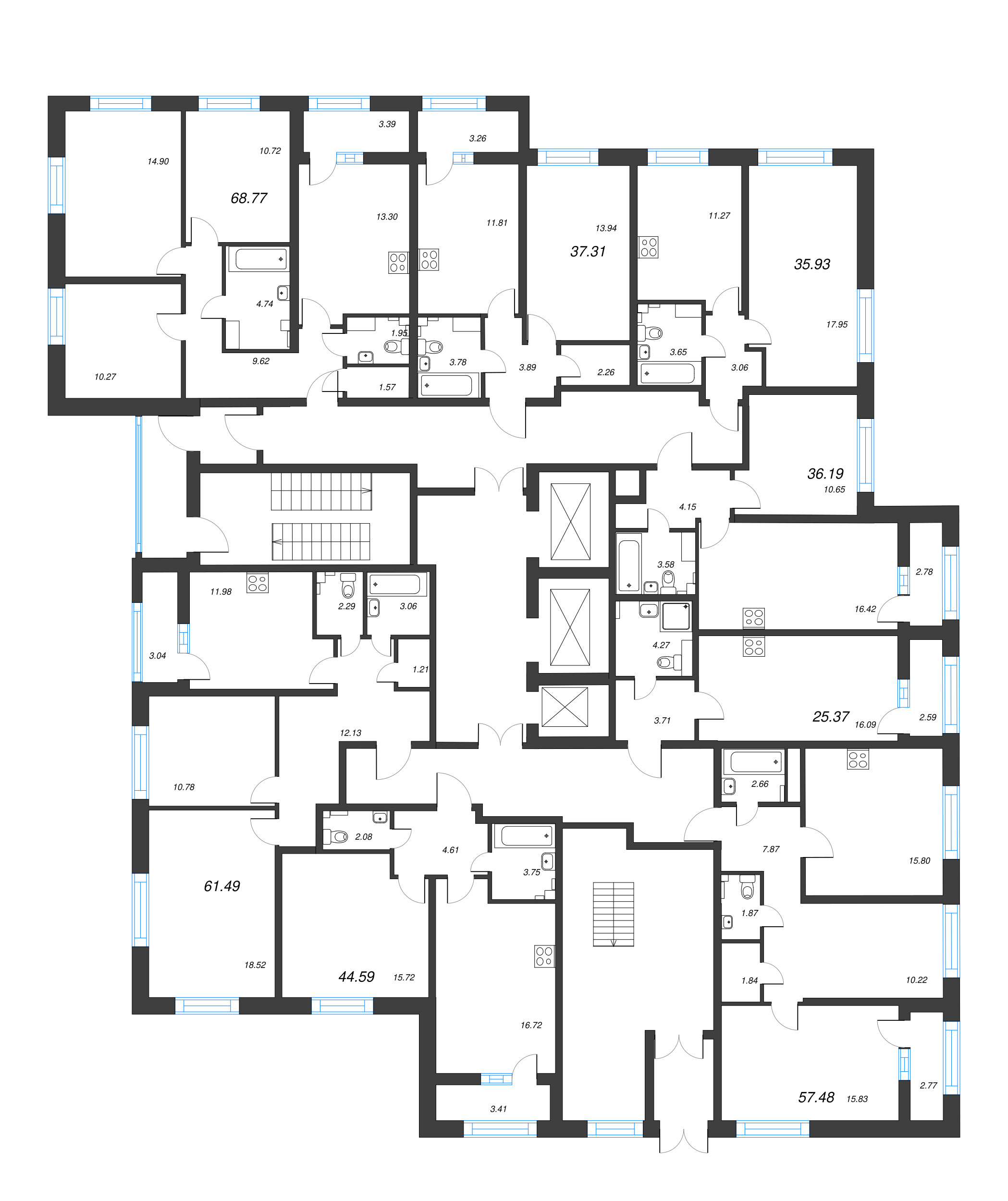 2-комнатная (Евро) квартира, 44.59 м² - планировка этажа