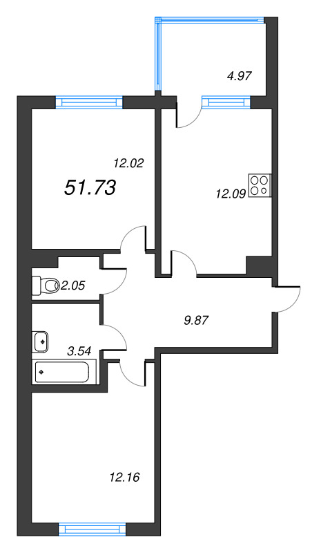 2-комнатная квартира, 51.73 м² - планировка, фото №1