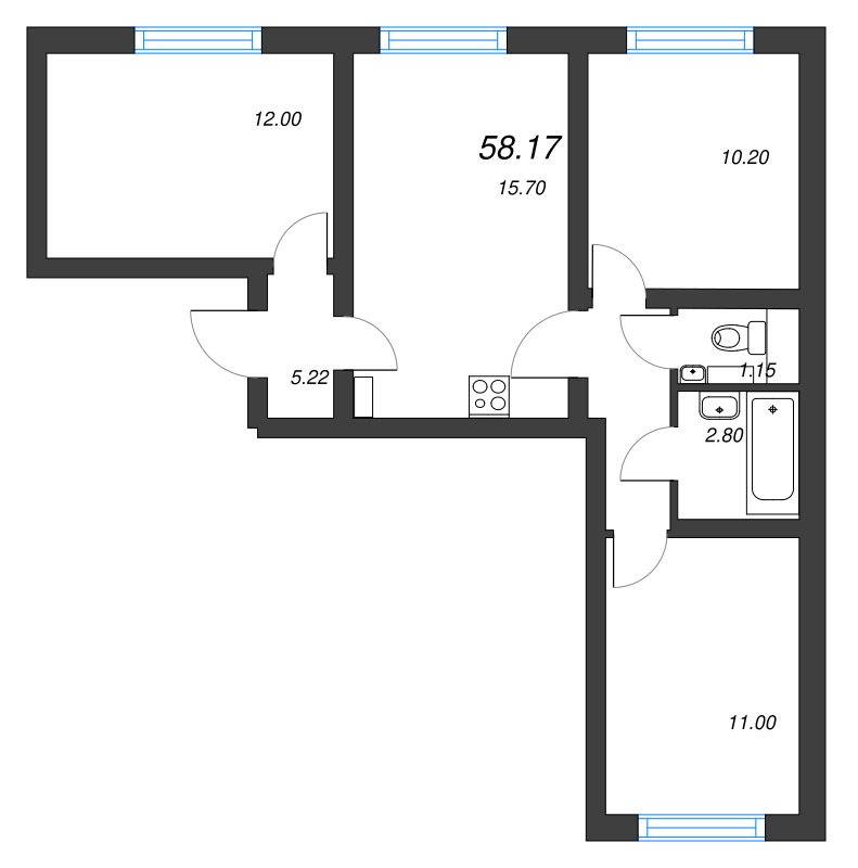 4-комнатная (Евро) квартира, 58.17 м² - планировка, фото №1