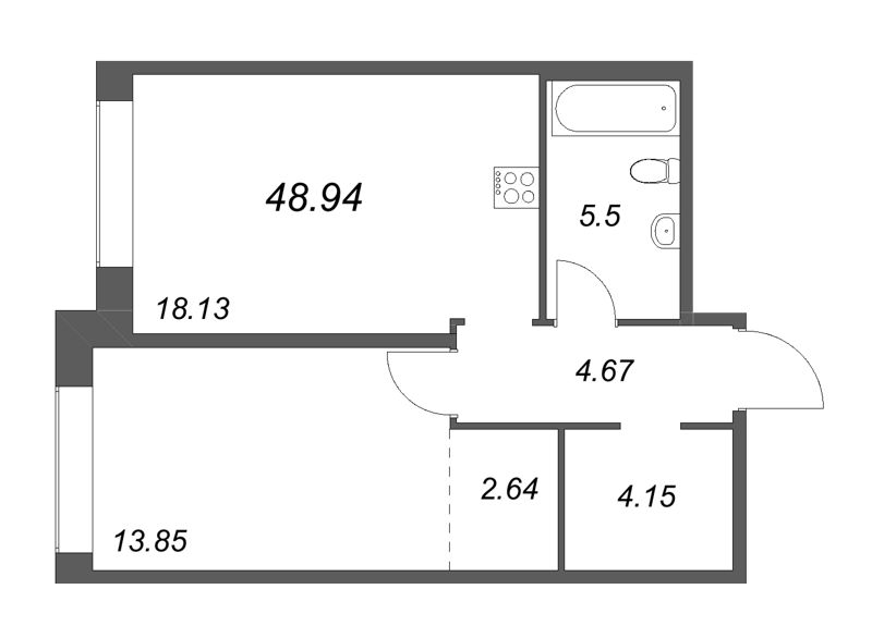 2-комнатная (Евро) квартира, 48.94 м² - планировка, фото №1