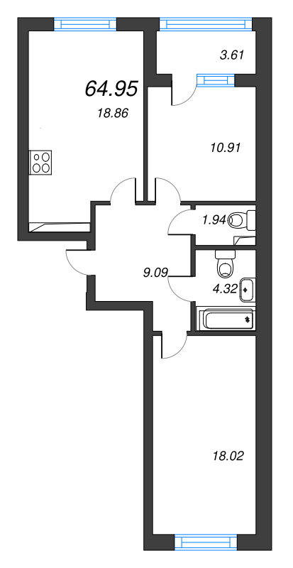 3-комнатная (Евро) квартира, 64.95 м² в ЖК "Кронфорт. Центральный" - планировка, фото №1