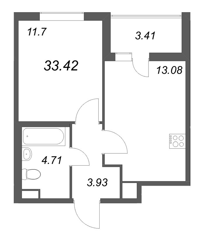 1-комнатная квартира, 33.42 м² - планировка, фото №1