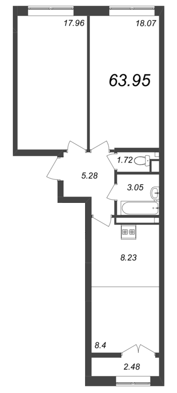 3-комнатная (Евро) квартира, 63.95 м² - планировка, фото №1