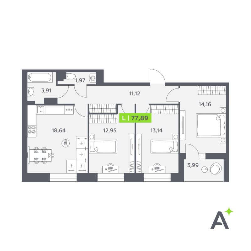 4-комнатная (Евро) квартира, 77.89 м² в ЖК "Аквилон РекаПарк" - планировка, фото №1