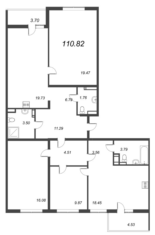 4-комнатная квартира, 110.82 м² в ЖК "Чёрная речка от Ильича" - планировка, фото №1