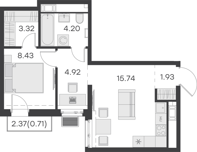 2-комнатная (Евро) квартира, 39.25 м² - планировка, фото №1