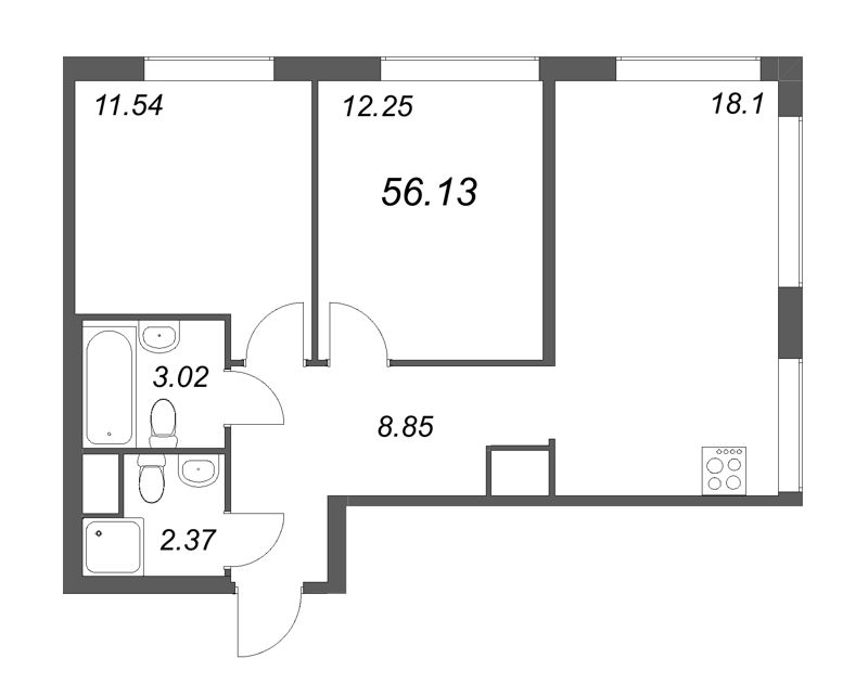 3-комнатная (Евро) квартира, 56.13 м² - планировка, фото №1