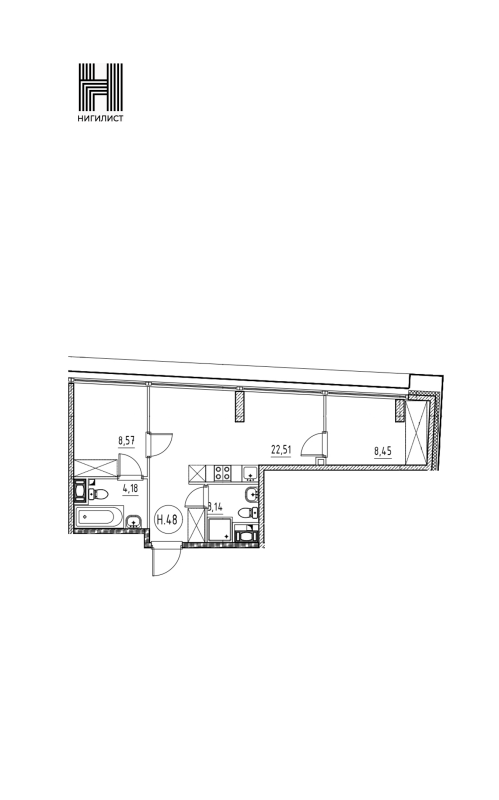 3-комнатная (Евро) квартира, 46.85 м² в ЖК "Nigilist" - планировка, фото №1