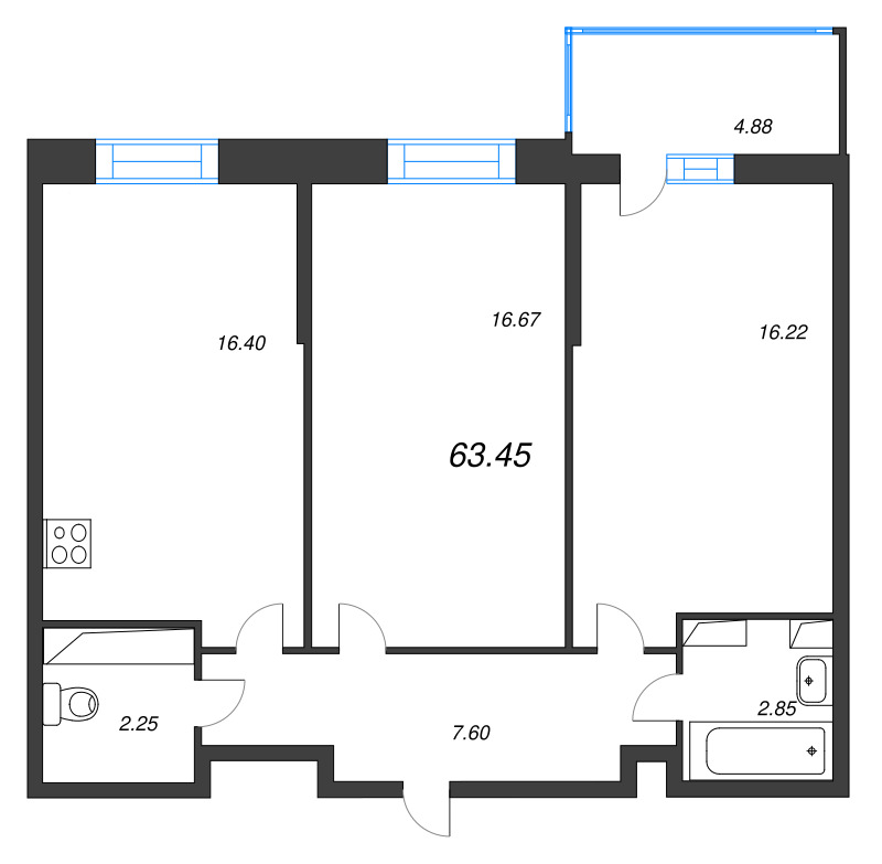 3-комнатная (Евро) квартира, 63.45 м² - планировка, фото №1