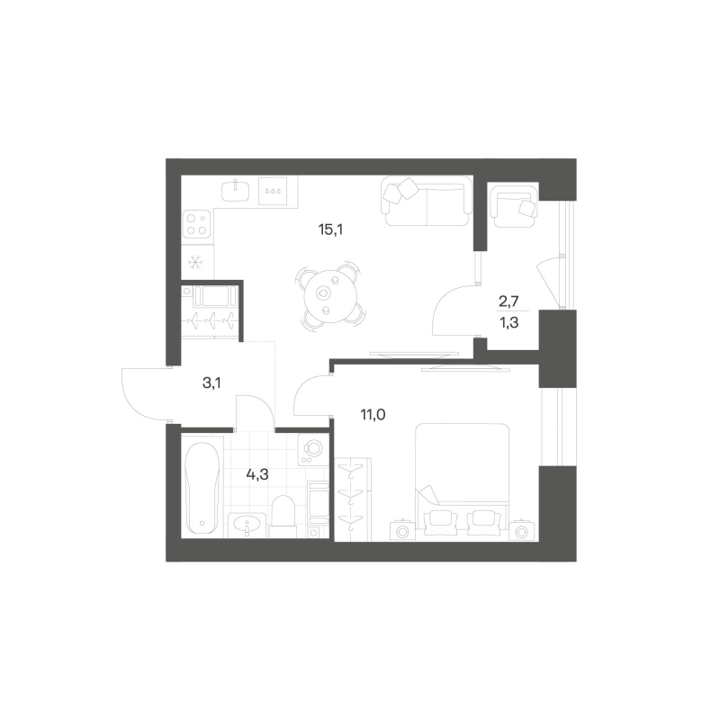 2-комнатная (Евро) квартира, 34.82 м² в ЖК "Новый Питер" - планировка, фото №1