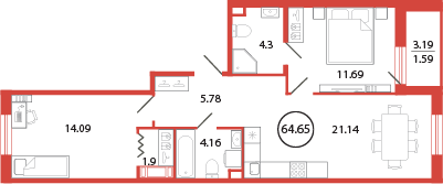 3-комнатная (Евро) квартира, 64.65 м² - планировка, фото №1