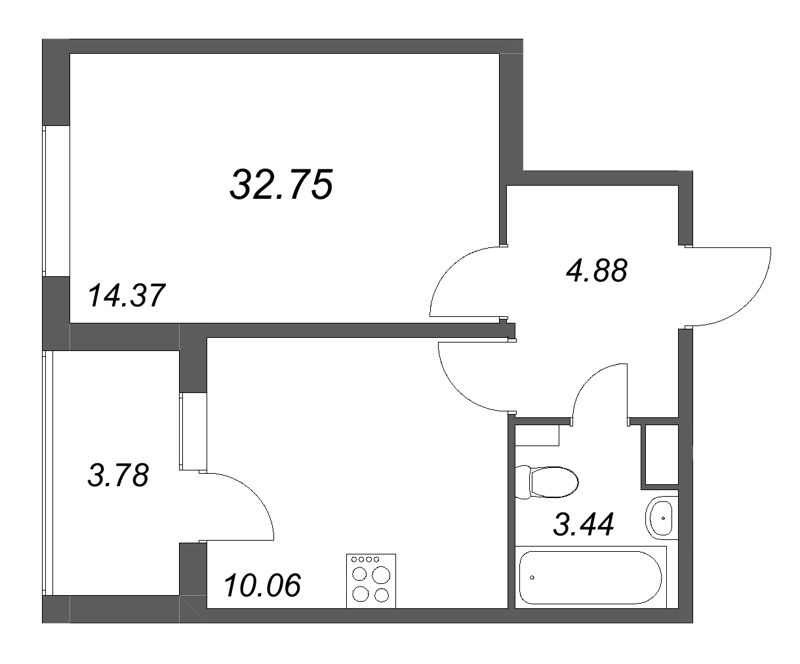 1-комнатная квартира, 32.75 м² в ЖК "Любоград" - планировка, фото №1