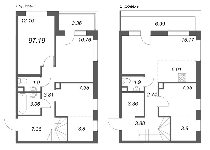 5-комнатная (Евро) квартира, 97.19 м² в ЖК "Тишин" - планировка, фото №1