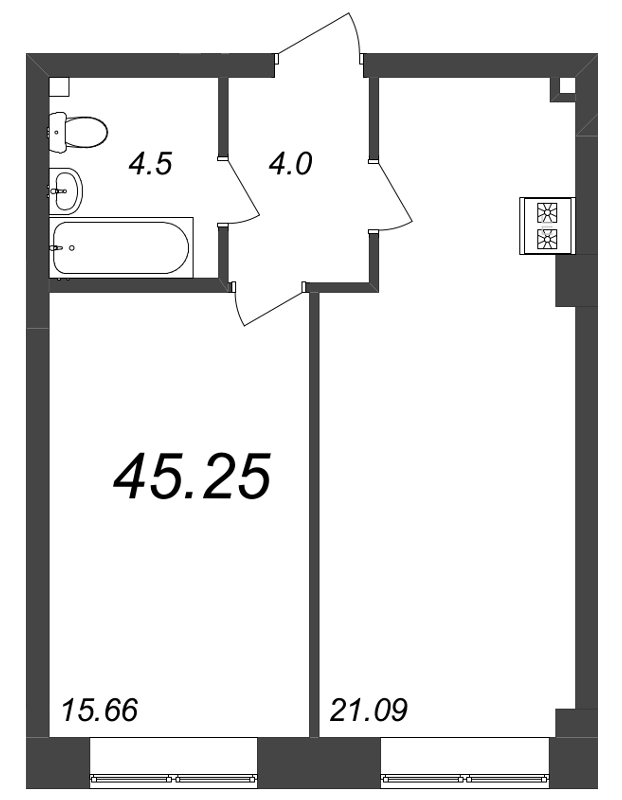 2-комнатная (Евро) квартира, 45.25 м² - планировка, фото №1
