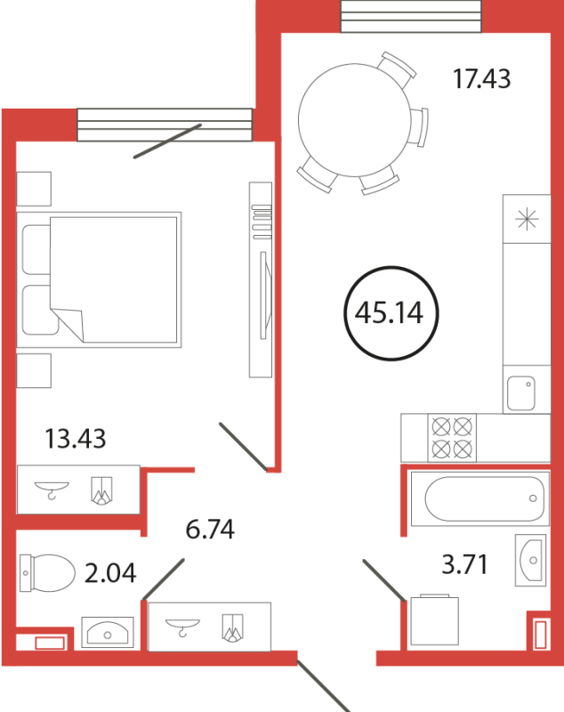 2-комнатная (Евро) квартира, 45.14 м² в ЖК "Энфилд" - планировка, фото №1