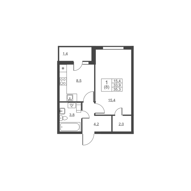1-комнатная квартира, 35.3 м² - планировка, фото №1