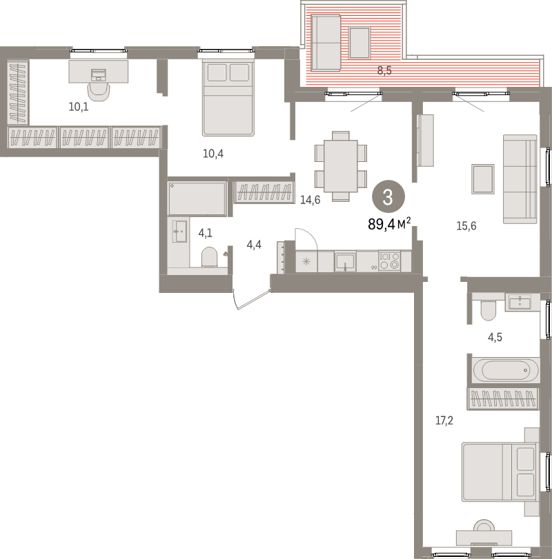 4-комнатная (Евро) квартира, 89.4 м² в ЖК "Брусника в Новоселье" - планировка, фото №1