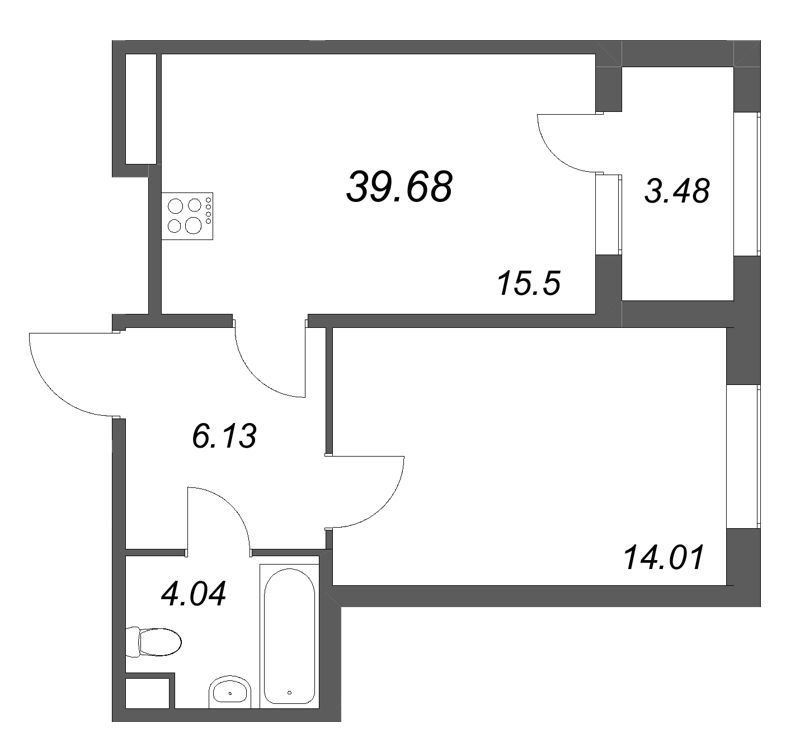 2-комнатная (Евро) квартира, 39.68 м² в ЖК "Дубровский" - планировка, фото №1