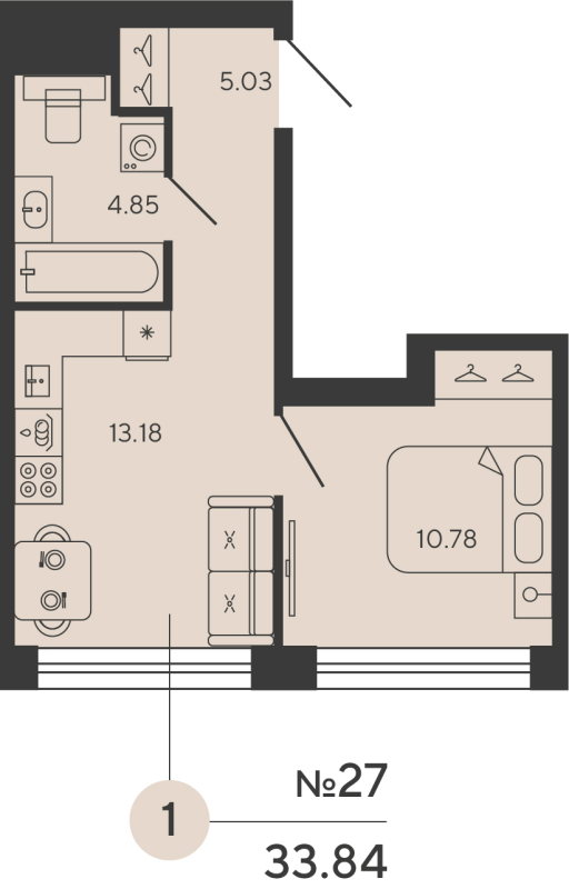 1-комнатная квартира, 33.84 м² в ЖК "Башни Элемент" - планировка, фото №1
