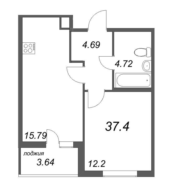 1-комнатная квартира, 37.4 м² - планировка, фото №1