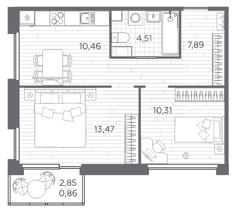 2-комнатная квартира, 47.5 м² в ЖК "PLUS Пулковский" - планировка, фото №1