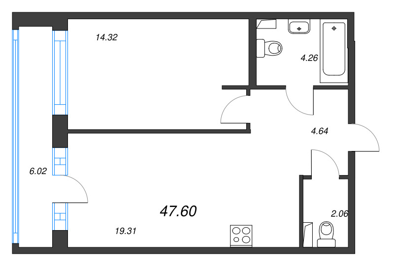 2-комнатная (Евро) квартира, 47.6 м² в ЖК "Энфилд" - планировка, фото №1