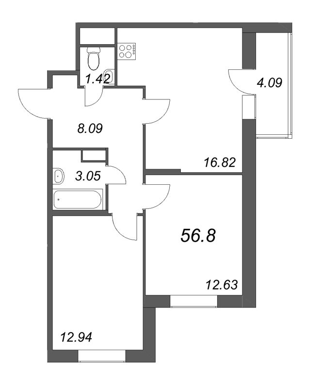3-комнатная (Евро) квартира, 56.8 м² - планировка, фото №1